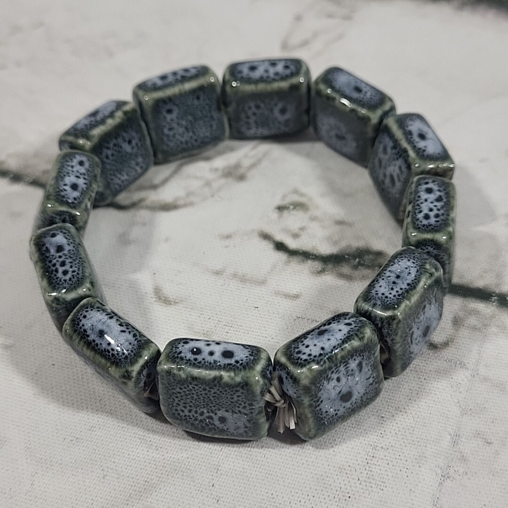 Stone Tile‎ Slip-On Bracelet Glossy Rock Chunky Block Beads Nature Boho